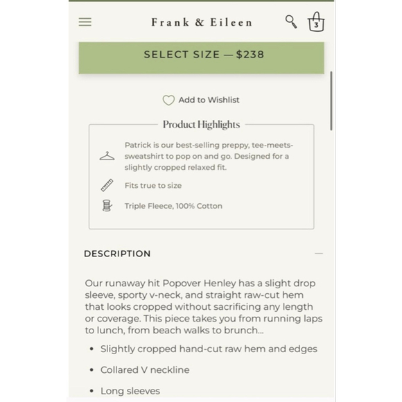 NewFrank & Eileen Beige Toaste Popover Henley Triple Fleece Patrick Sweatshirt S - Picture 3 of 3